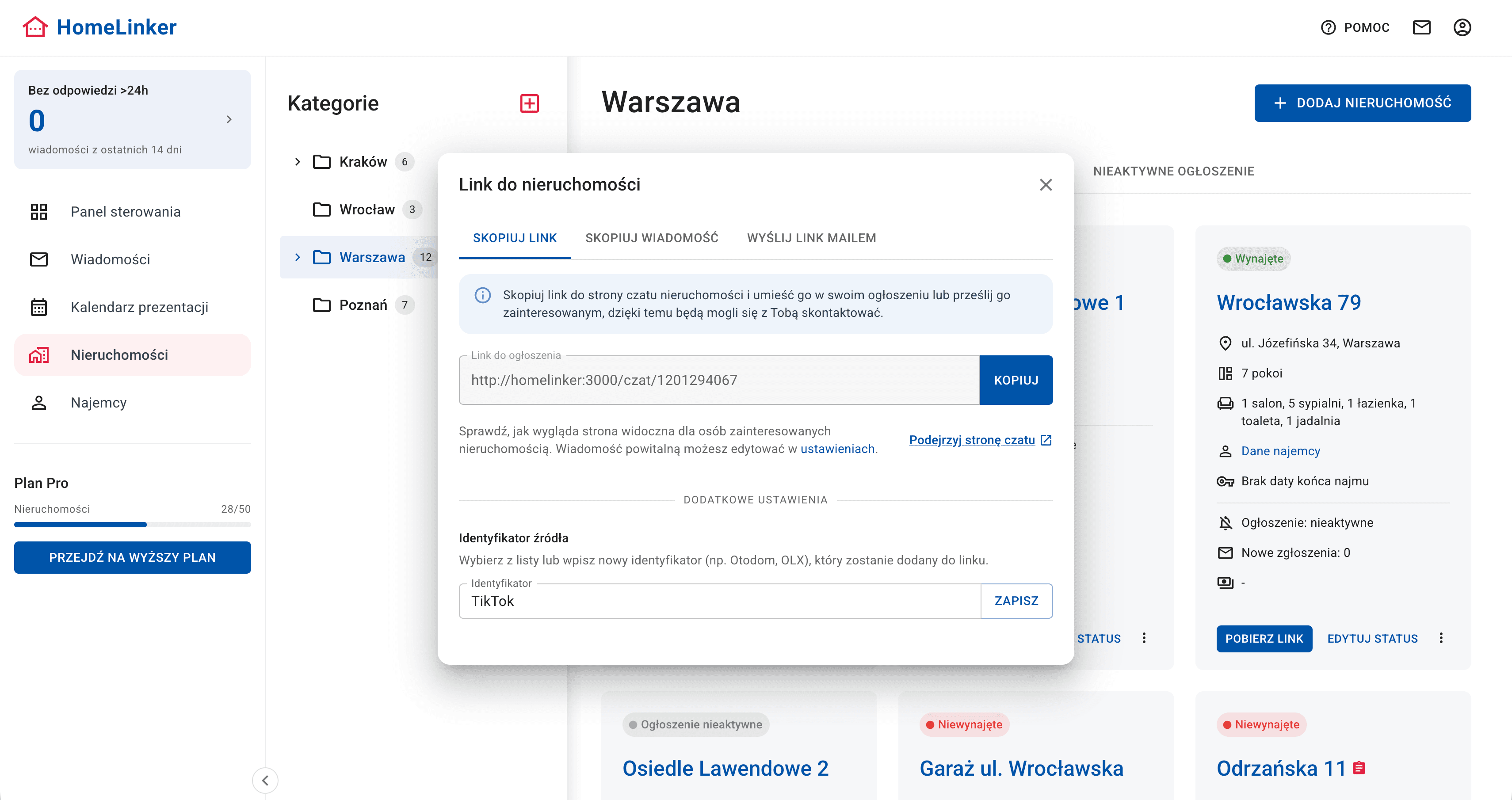 HomeLinker Dashboard — zarządzanie nieruchomościami i czatem
